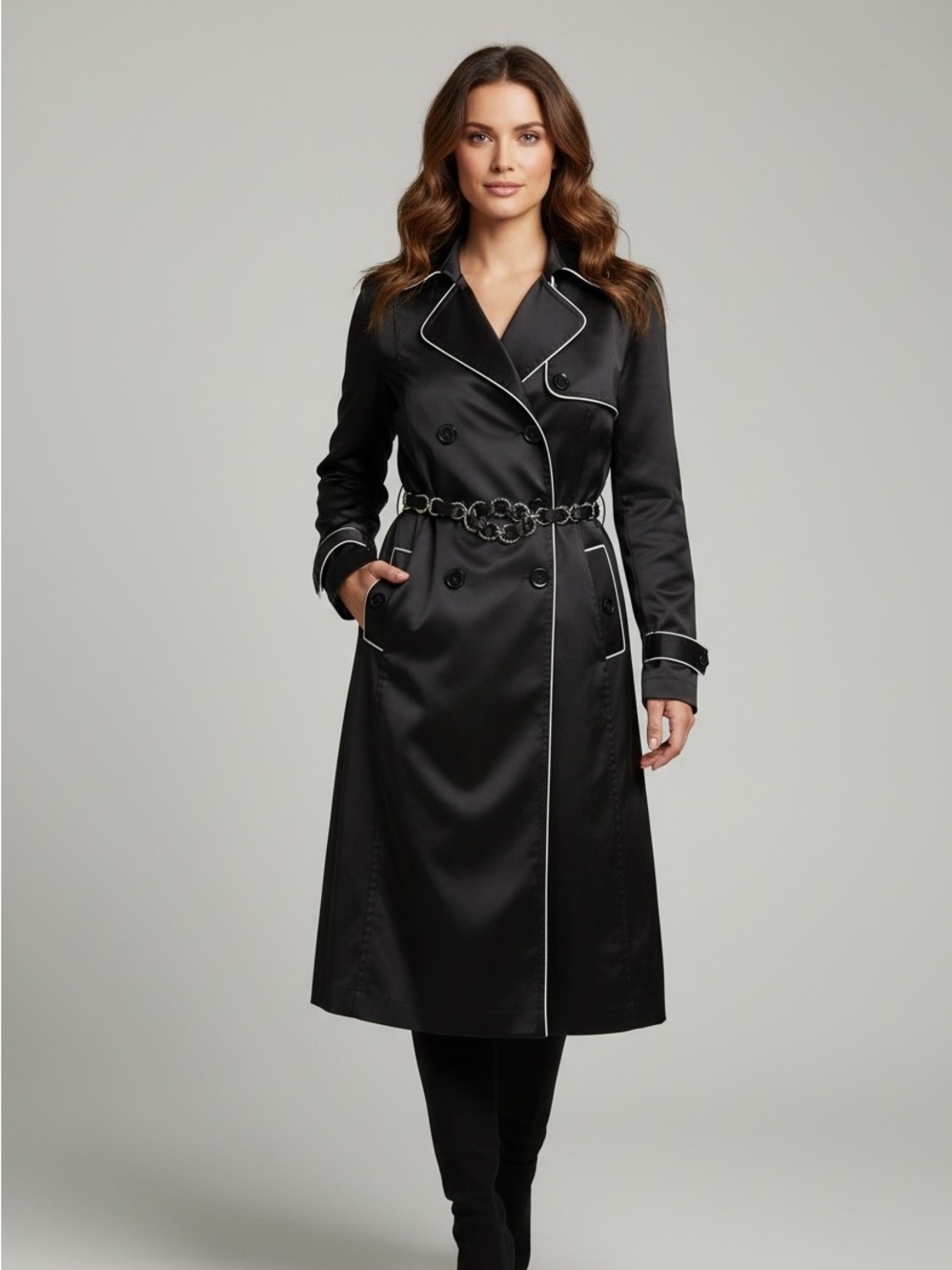 BCX Black Trench Coat with White Piping